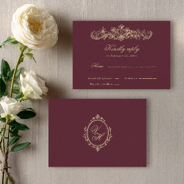 Cartão RSVP Regency Garden Vintage Romantic Burgundy Wedding