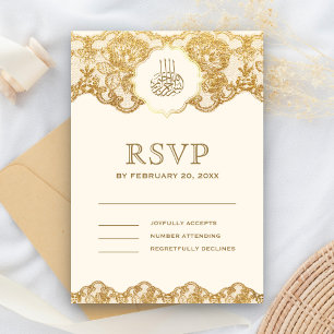 Cartão RSVP Renda de Ouro e Creme para Casamento Islâmico Muçu