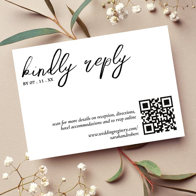 Cartão RSVP Responda gentilmente ao Código QR Simple White Wed (Kindly Reply QR Code Simple White Wedding RSVP)