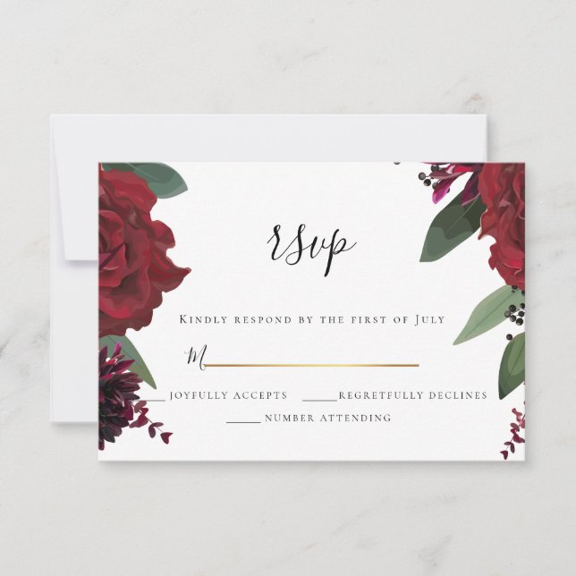 Cartão RSVP Responder  |  Floral Marsala Burgundy Rica e Elega (Frente)