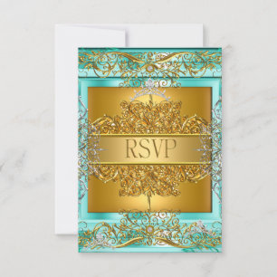 Cartão RSVP Responder Quinceañera 15º Aniversário Dourado Teal
