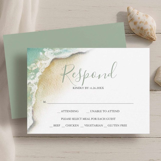 Cartão RSVP Respostas de Casamento de Praia da Ocean Waves RSV (Beach wedding rsvp card watercolor seashore art by Victoria Grigaliunas of Do Tell A Belle)