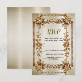 Cartão RSVP Retângulo de Ornamentado Dourado de Casamento Flor