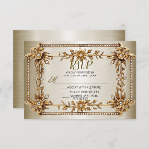 Cartão RSVP Retângulo de Ornamentado Dourado de Casamento Flor