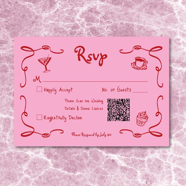 Cartão RSVP Retrato Whimsical Casamento Vermelho Cor-de-Rosa C (Whimsical Retro Hand Drawn Pink Red Wedding QR RSVP Card)