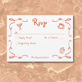 Cartão RSVP Retrato Whimsical Desenhou Casamento Laranja Sunse