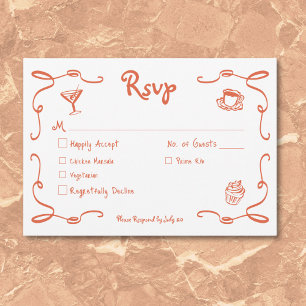 Cartão RSVP Retrato Whimsical Desenhou Casamento Laranja Sunse