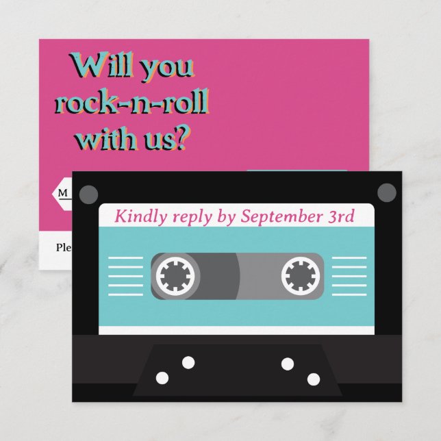 Cartão RSVP Retro 70s Music Cassette Fape Groovy Fuchsia Diver (Frente/Verso)