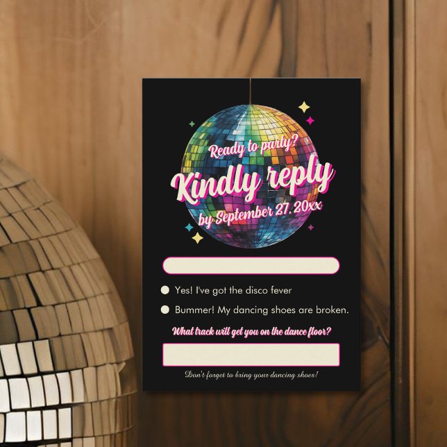Cartão RSVP Retro 70's Party Disco Ball Sparkle Glam Wedding  (Front view retro 70s disco ball wedding fun nightlife statement wedding RSVP Card)