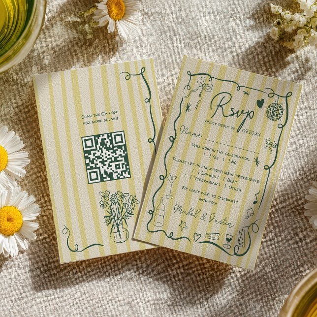 Cartão RSVP Retro Citrus Green hand drawn wedding QR (Retro Citrus Green hand drawn wedding QR RSVP Card)