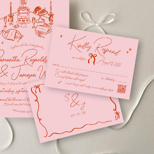 Cartão RSVP Retrô Desenhado à Mão Escrivado Rosa e Casamento V