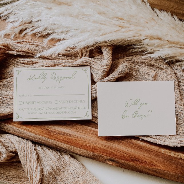 Cartão RSVP Retro Olive Green Hand Written Drawn Wedding (Criador carregado)