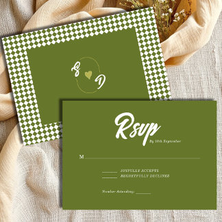Cartão RSVP Retro Olive green Minimalist Checkered Wedding