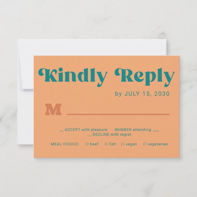 Cartão RSVP Retro orange teal simple typography wedding (Frente)