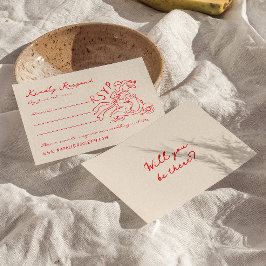 Cartão RSVP Retro Red Hand Desenhado Manuscrito Quirky Cute Ca