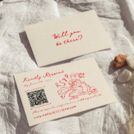 Cartão RSVP Retro Red Hand Drawn Quirky Cute QR Code Casamento