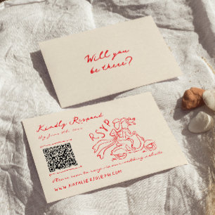 Cartão RSVP Retro Red Hand Drawn Quirky Cute QR Code Casamento