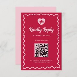 Cartão RSVP Retro Wavy Frame Red Pink Cupid Wedding QR Code