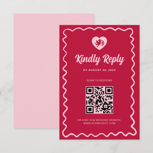 Cartão RSVP Retro Wavy Frame Red Pink Cupid Wedding QR Code (Frente/Verso)