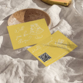 Cartão RSVP Retro Yellow Hand Drawn Floral QR Code Wedding 