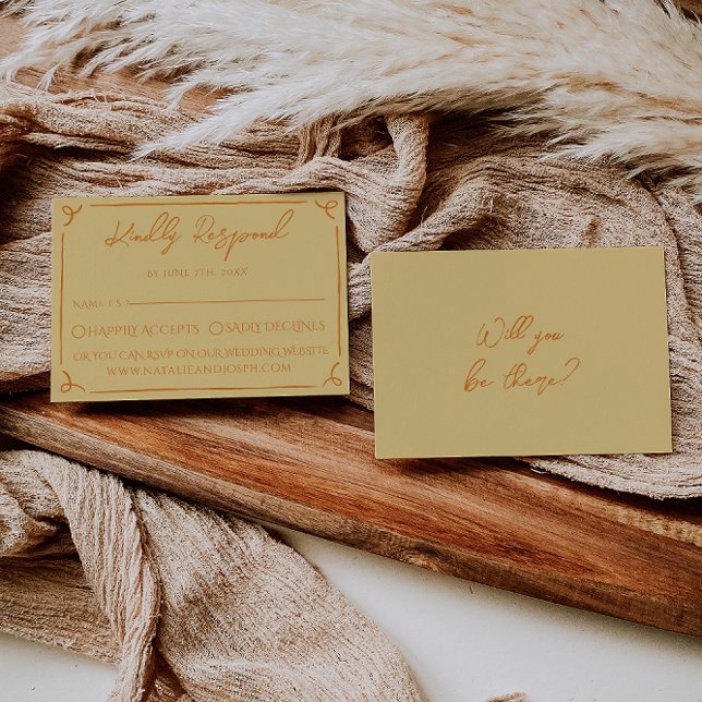 Cartão RSVP Retro Yellow Orange Hand Written Drawn Wedding (Criador carregado)