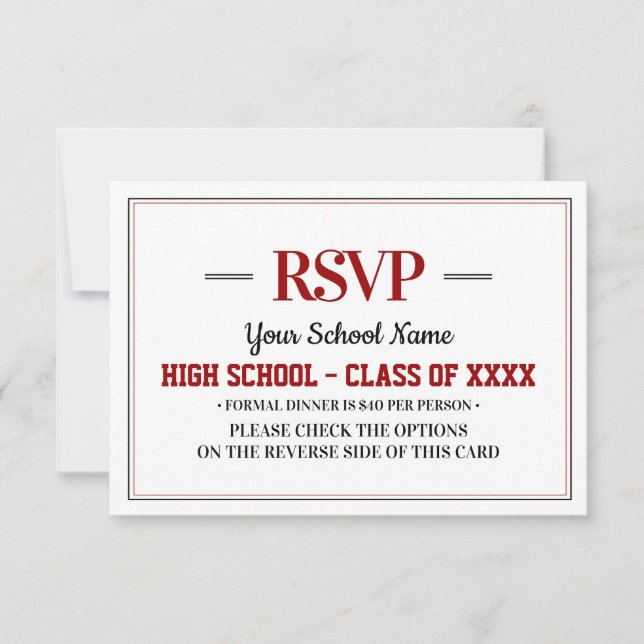 Cartão RSVP Reunião de Classe Formal Elegante (Frente)