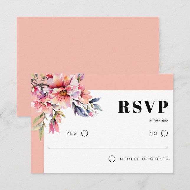 Cartão RSVP Rhododendron branch and peach pink flowers wedding (Frente/Verso)