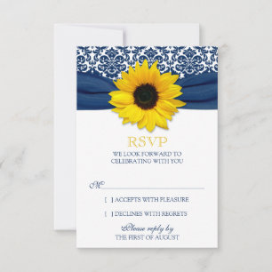 Cartão RSVP Ribbon de Noiva de Girassol Amarelo com Damask Nav