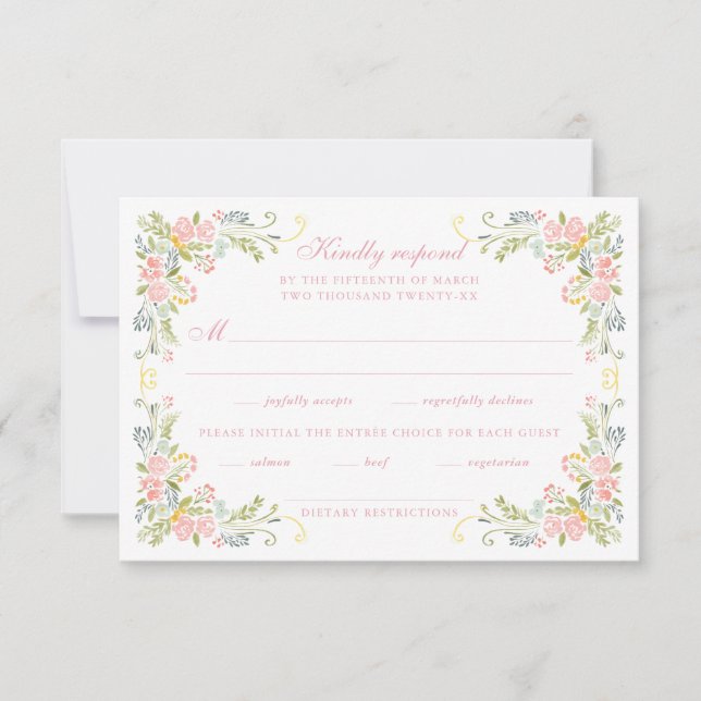 Cartão RSVP Rococo Floral Border Wedding (Frente)