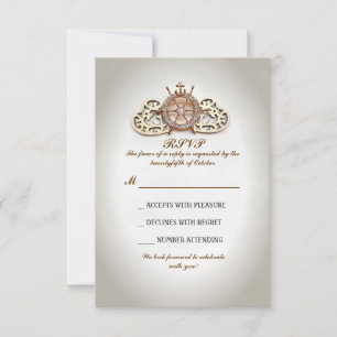 Cartão RSVP roda de leme náutico e corações de amor casamento 