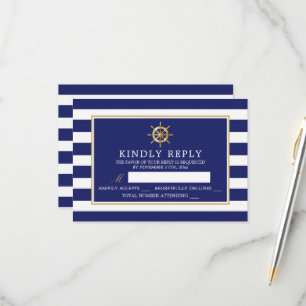 Cartão RSVP Roda Dourada Náutica Vintage, Casamento Azul-Marin