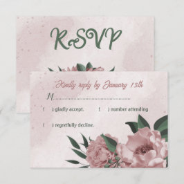 Cartão RSVP romance romântico de flores rosa e folhas verdes