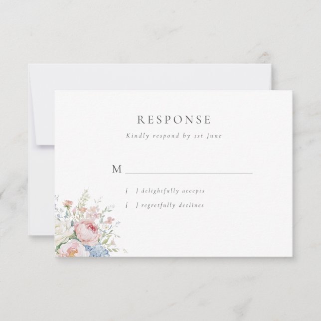 Cartão RSVP Romantic Blue & Pink Pastel Floral Wedding (Frente)