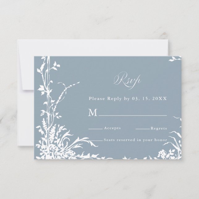 Cartão RSVP Romantic Botanical Garden Dusty Blue Wedding (Frente)