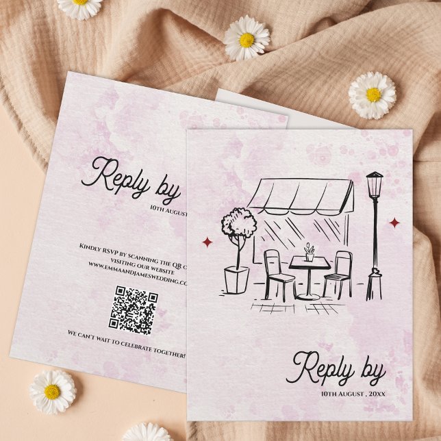 Cartão RSVP Romantic Café Sketch QR Code Wedding Reply By (Romantic Café Sketch QR Code Wedding Reply By RSVP Card)