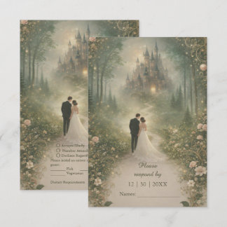 Cartão RSVP Romantic Fairytale Castle Forest Path Wedding