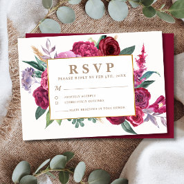 Cartão RSVP Romantic gold and Maroon Watercolor Floral Wedding
