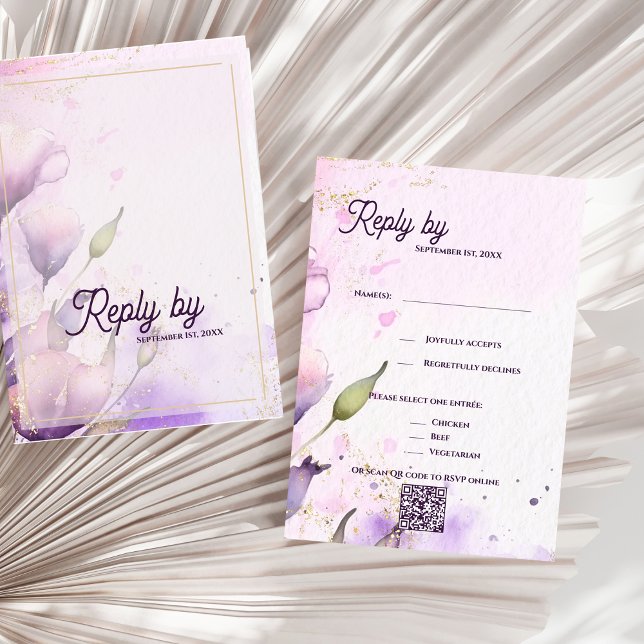 Cartão RSVP Romantic QR Code Lavender Gold Floral Wedding  (Romantic QR Code Lavender Gold Floral Wedding RSVP Card)