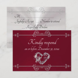 Cartão RSVP Romantic Silver Scroll Heart on Burgundy