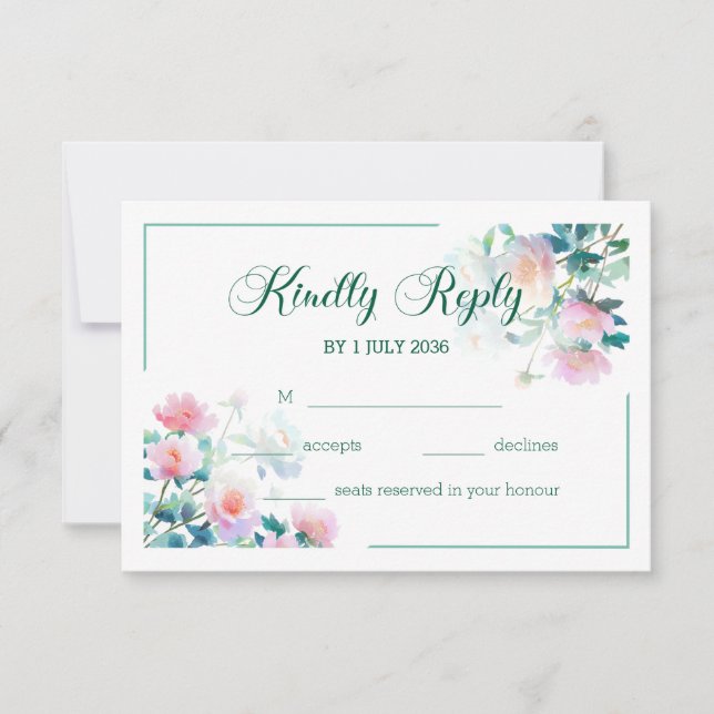 Cartão RSVP Romantic Watercolor Blush Pink Floral Wedding (Frente)