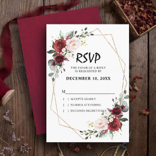 Cartão RSVP Romantic Watercolor Burgundy Floral Geometric