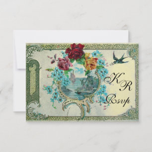 Cartão RSVP ROMANTİCA 3 FLORAL WEDDING MONOGRAM RSVP, metálico