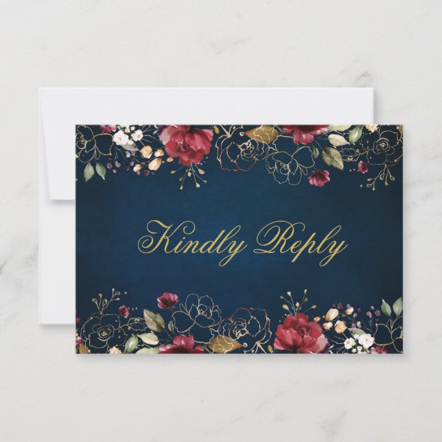 Cartão RSVP Romântica Aquarela Borgonha Dourada Marinho Vermel (Frente)