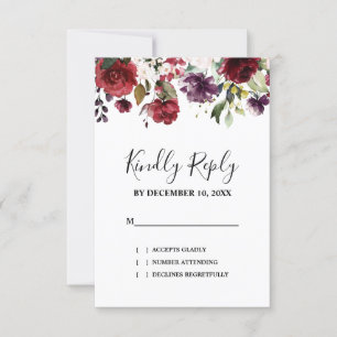 Cartão RSVP Romântica Aquarela Borgonha Vermelha Rosa Floral