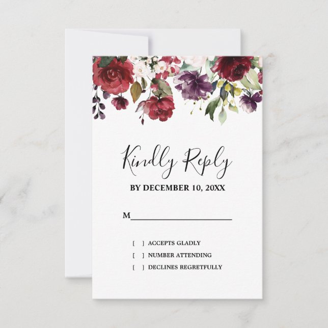 Cartão RSVP Romântica Aquarela Borgonha Vermelha Rosa Floral (Frente)