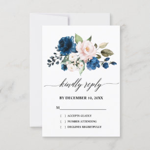 Cartão RSVP Romântica Marinho de Aquarela Azul Rosa Blush Flor