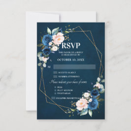 Cartão RSVP Romântico Aquarela Azul Marinho Floral Geométrico