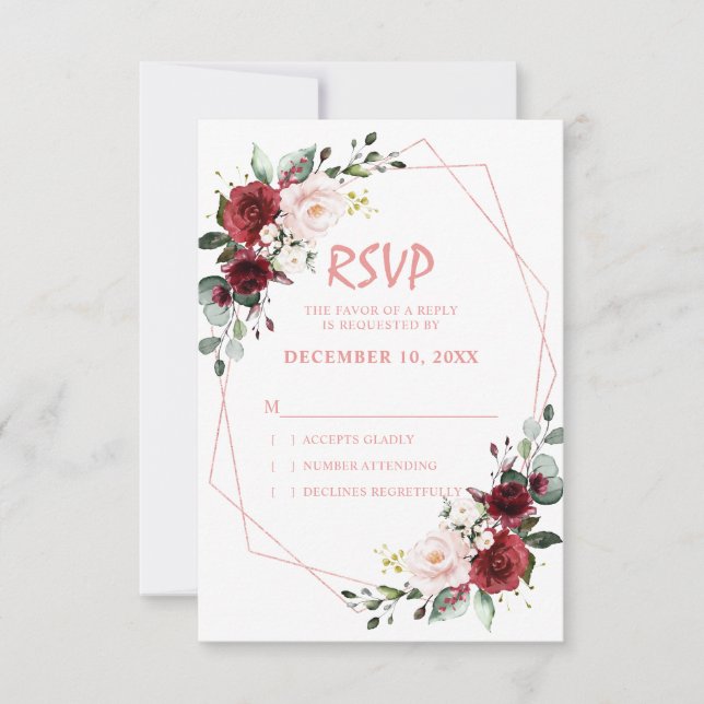 Cartão RSVP Romântico Aquarela Burgundy Floral Geométrico Rosa (Frente)
