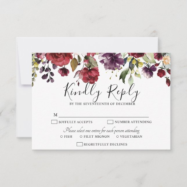 Cartão RSVP Romântico Aquarela Rosa Floral Vermelho Borgonha (Frente)