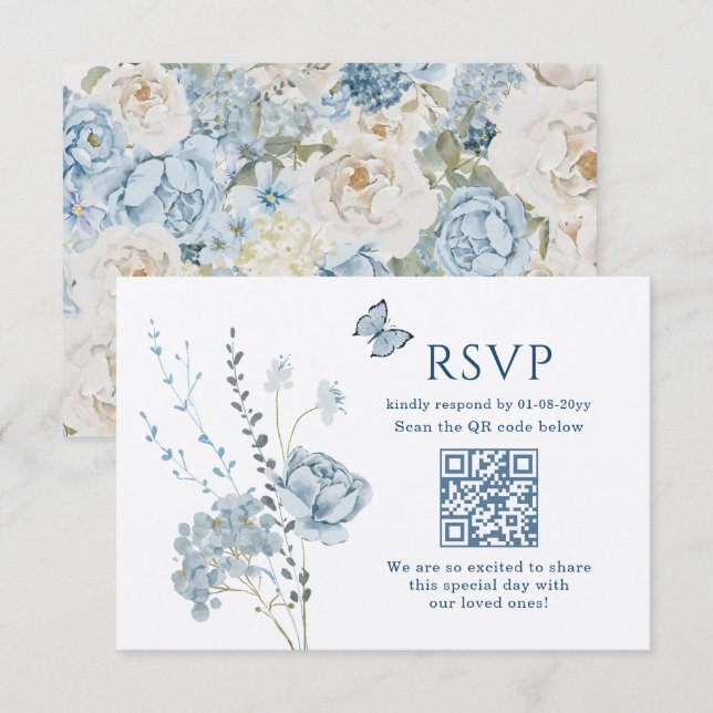 Cartão RSVP Romântico Azul Desbotado Floral Aquarela Casamento (Frente/Verso)